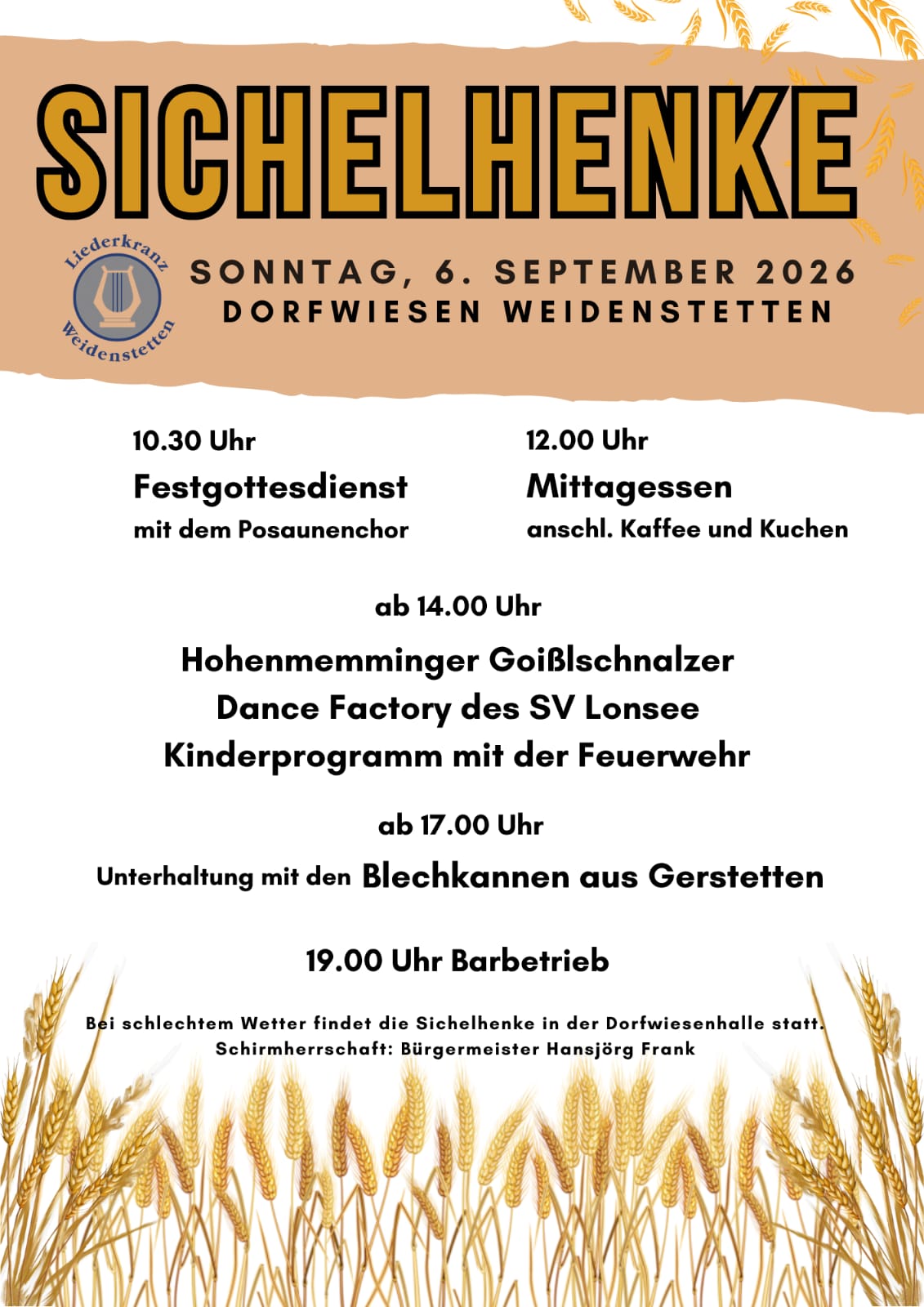 Vorderseite des Flyers zur Sichelhenke am Sonntag, 6. September 2026, mit Programm und Uhrzeiten