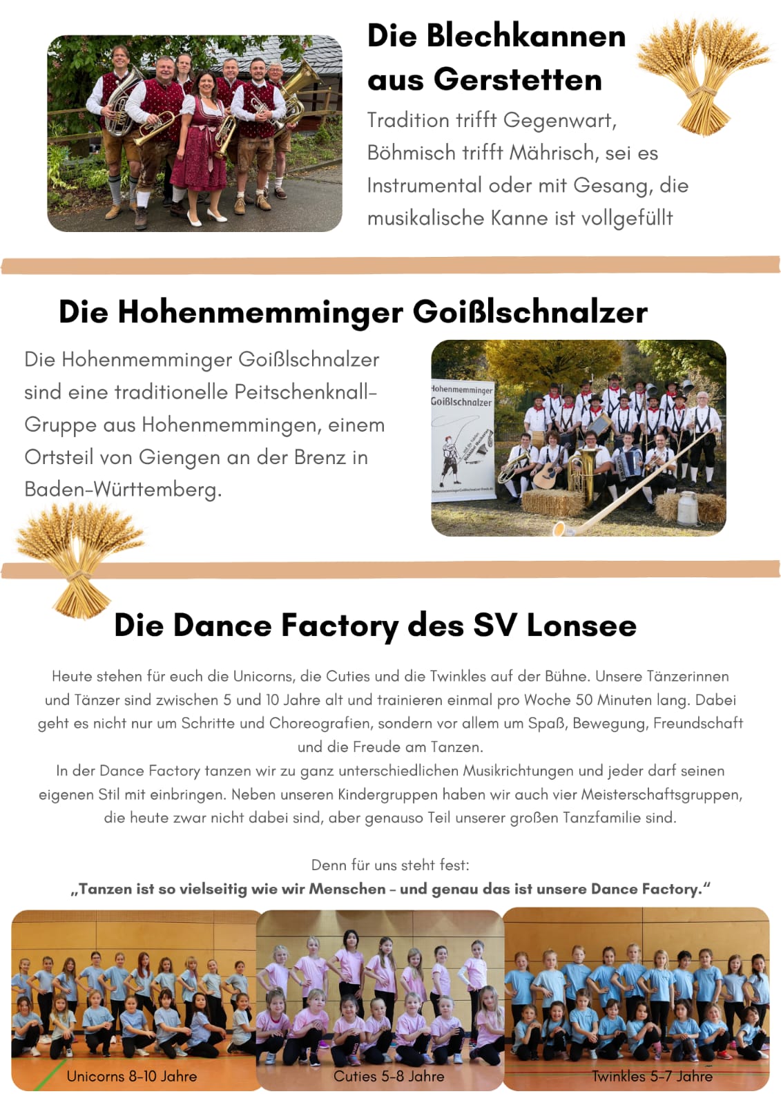 Rückseite des Flyers zur Sichelhenke mit Vorstellungen der Blechkannen, der Goißlschnalzer und der Dance Factory
