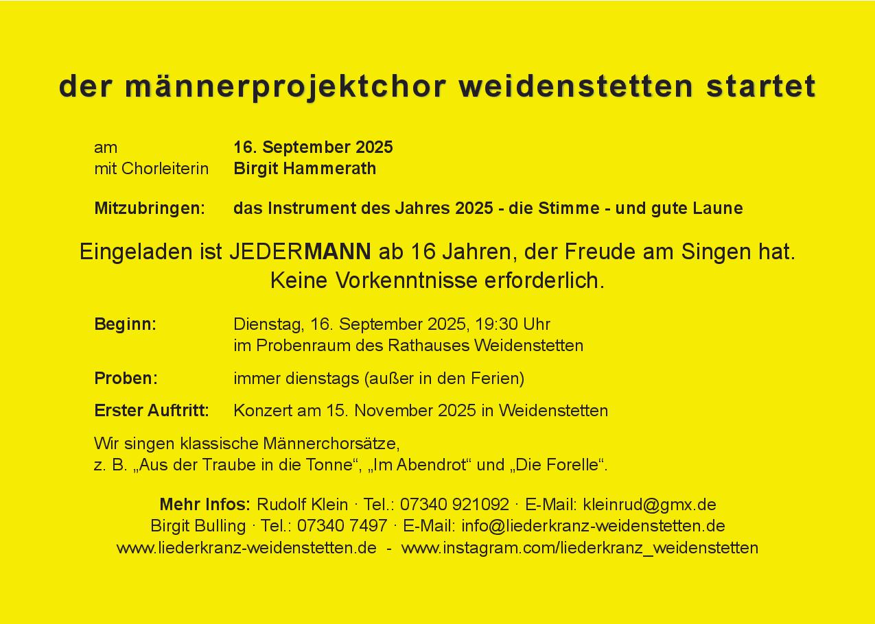 Flyer der Werbeaktion für den Männerprojektchor 2025. Das Bild enthält alle wichtigen Informationen zum Projekt: Startdatum, Probenort, Ansprechpartner, Repertoire und den Termin des Abschlusskonzerts. 